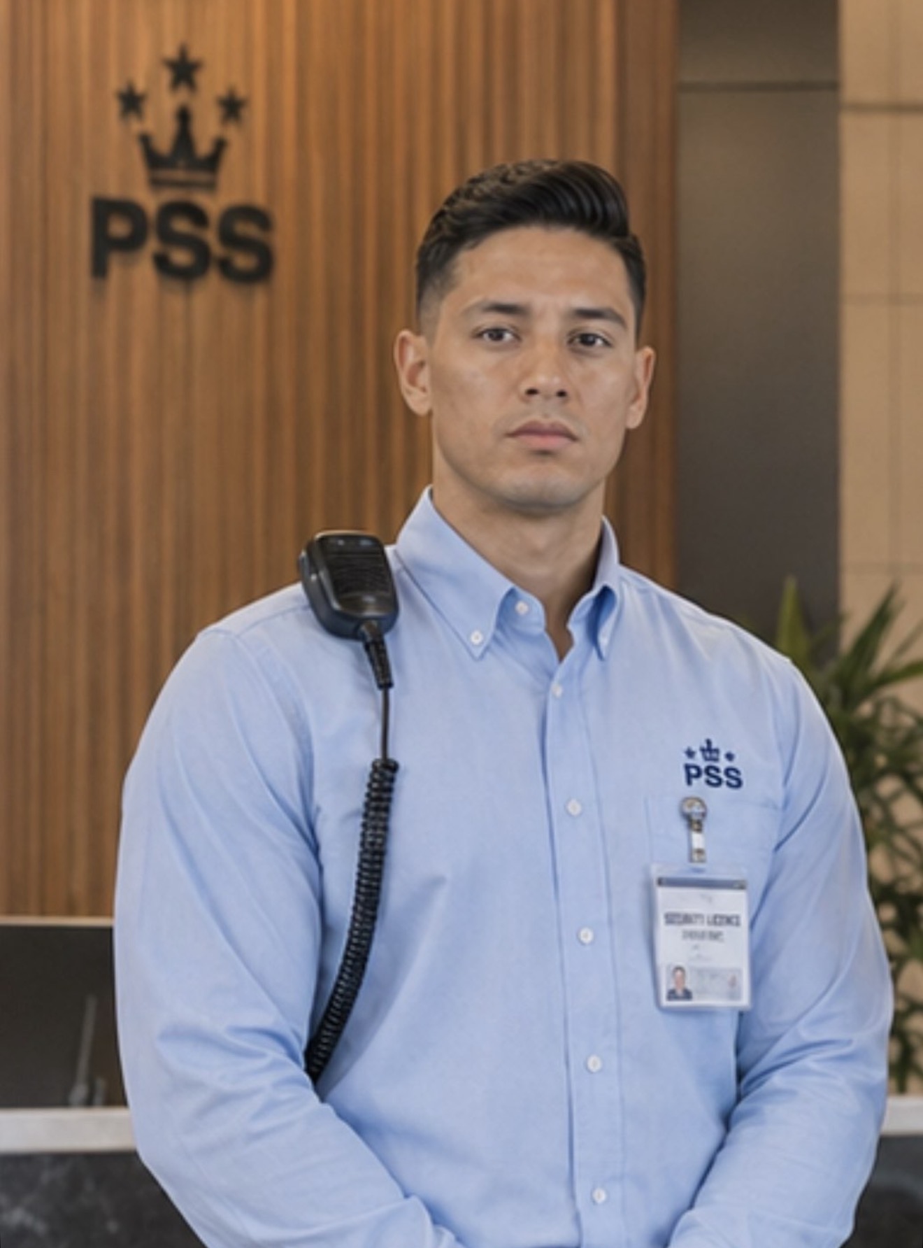 PSS security officer in corporate uniform at a building reception